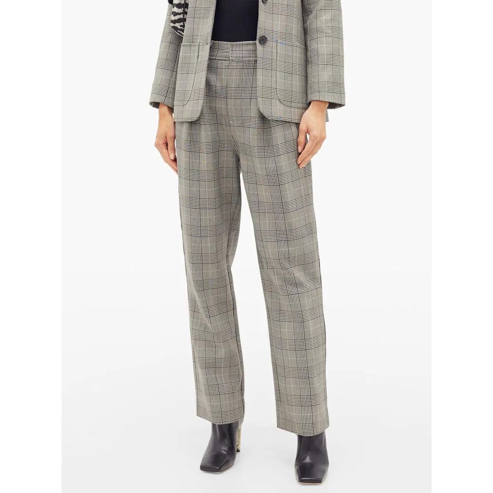Ganni Price of Wales Check Tailored Trousers Black Grey Pleated High Waist SZ 4